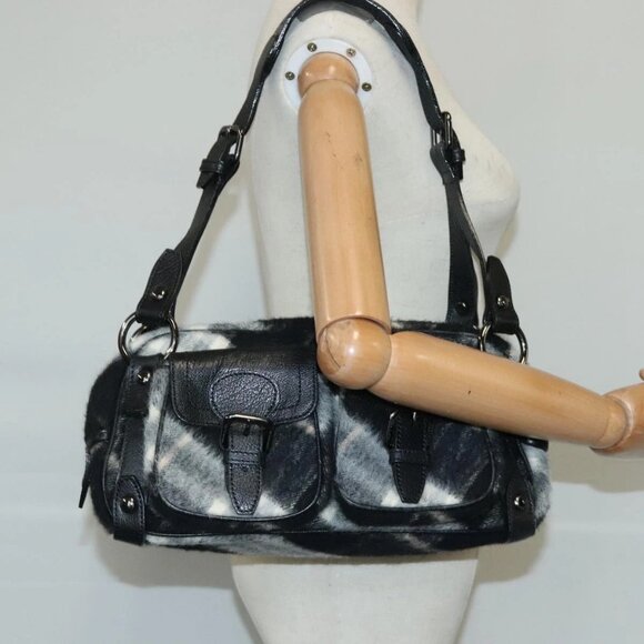 BURBERRY Nova Check Blue Label Shoulder Bag Wool Leather Black Auth 102387 - Picture 14 of 16